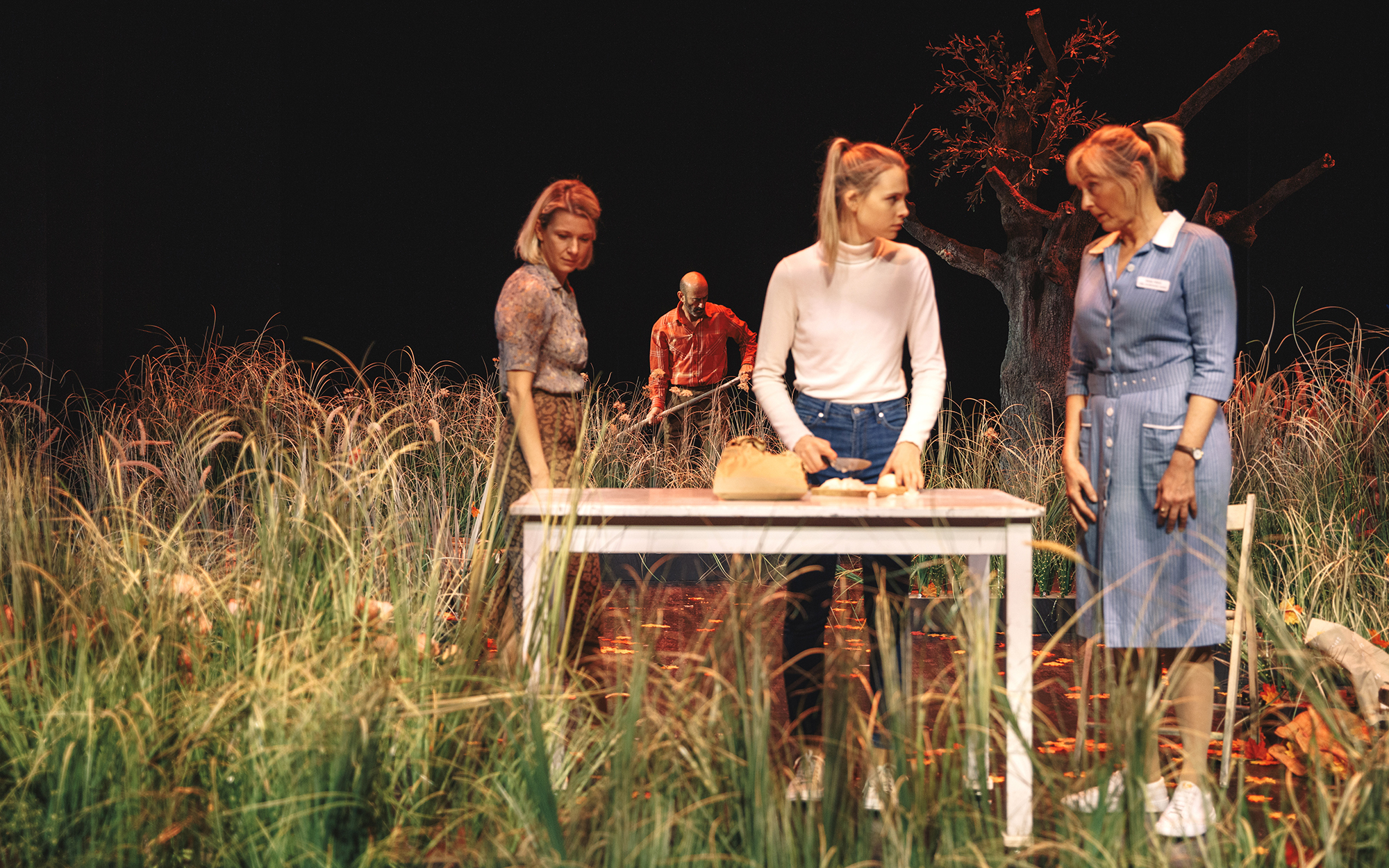 Pip (Tjaša Železnik), Rosie (Klara Kuk) in Fran (Judita Zidar) stojijo za mizo na vrtu, Rosie drži v rokah nož, videti je, kot da pripravlja hrano. Obdaja jih visoka trava. V ozadju Bob (Boris Ostan) s kosilnico hodi po vrtu. Avtor fotografije: Peter Giod