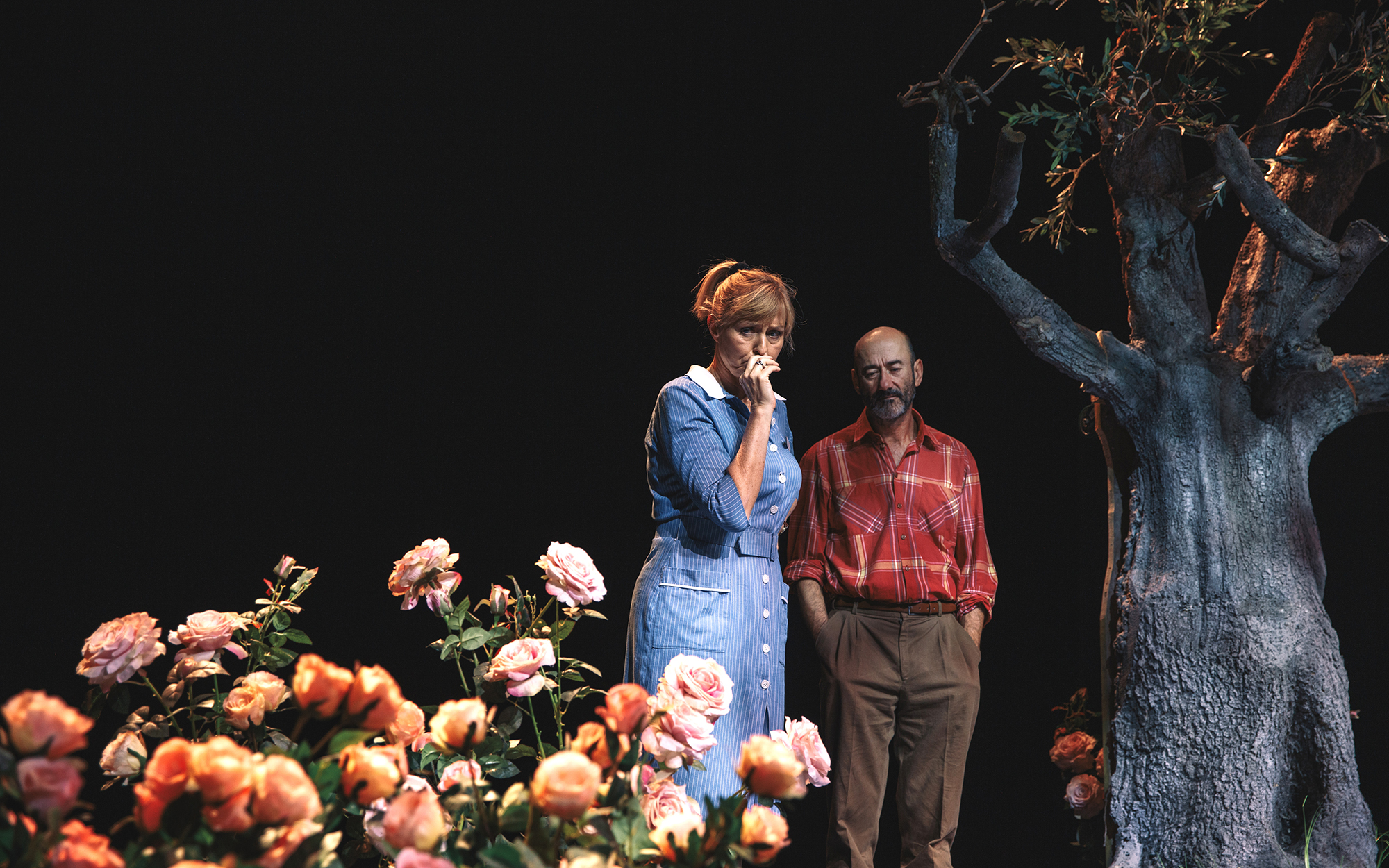 Fran (Judita Zidar) in Bob (Boris Ostan) stojita na vrtu in vsak zase zamišljeno gledata predse. Ob njej so cvetoče vrtnice, ob njem golo drevo. Avtor fotografije: Peter Giodani.